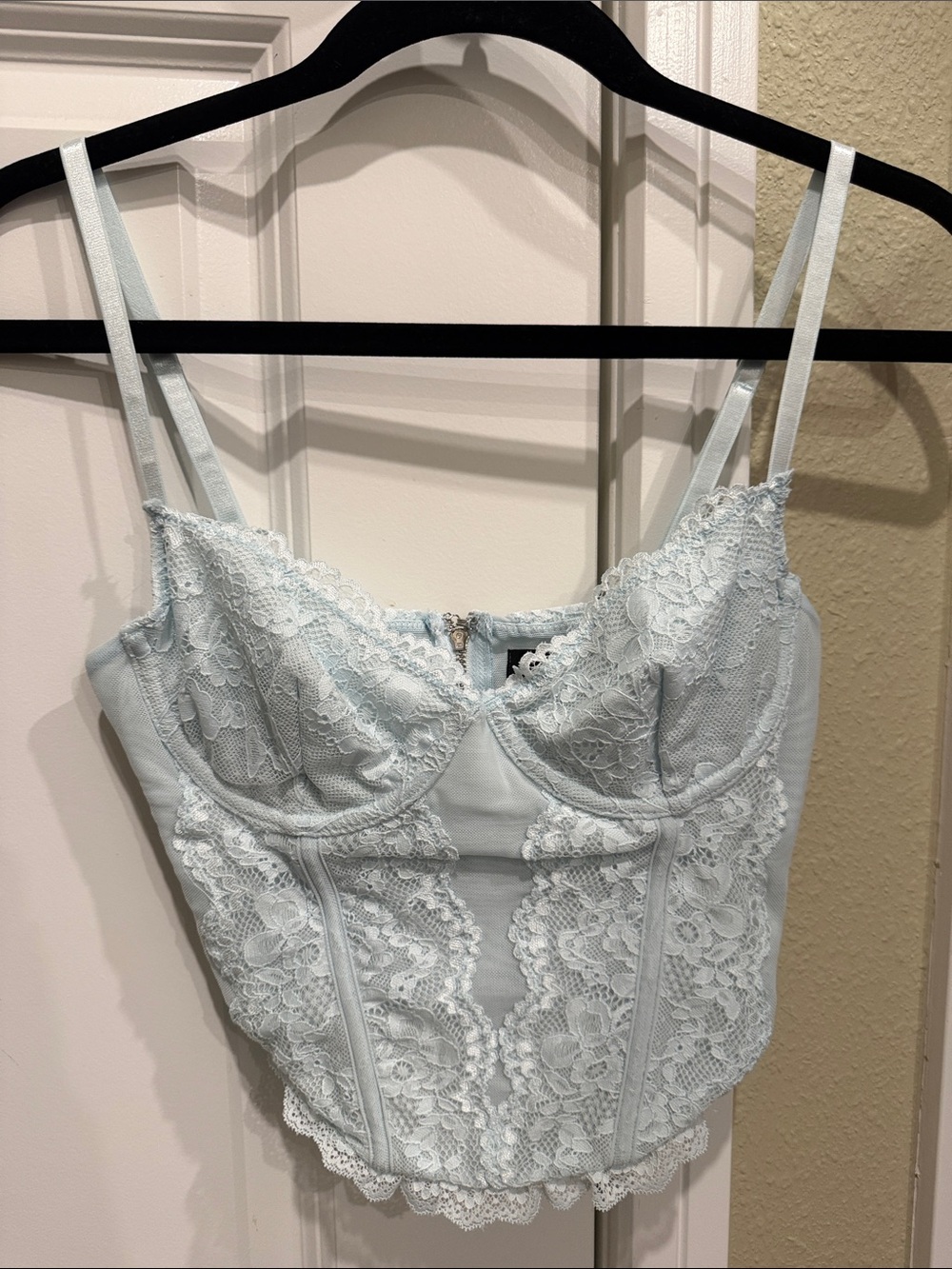 White Fox Boutique Light Blue Lace Bustier Crop Top